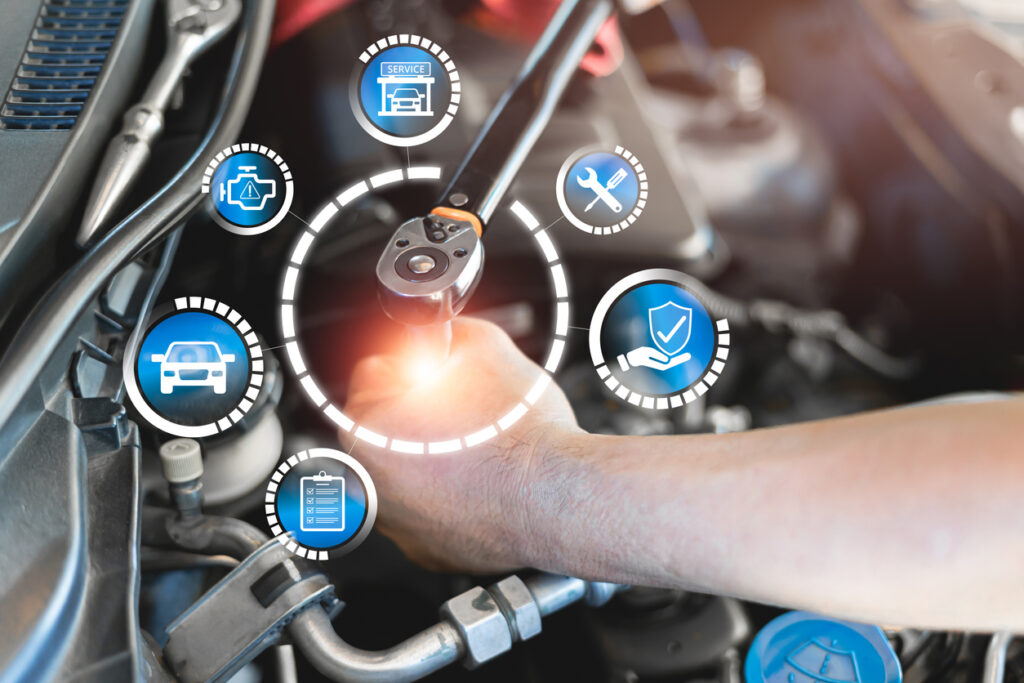 Car service technology quality warranty concept, Customer Satisfaction Guarantee, Service centre staff check the engine condition Verify the validity of the service service repair auto part Auto repair mechanic fixing a car with surrounding vehicle-related icons